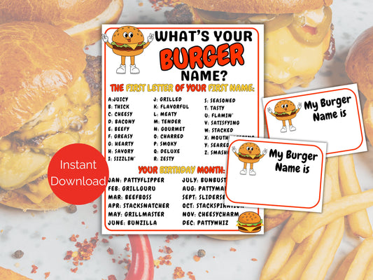 What's Your Burger Name Game + Name Tags