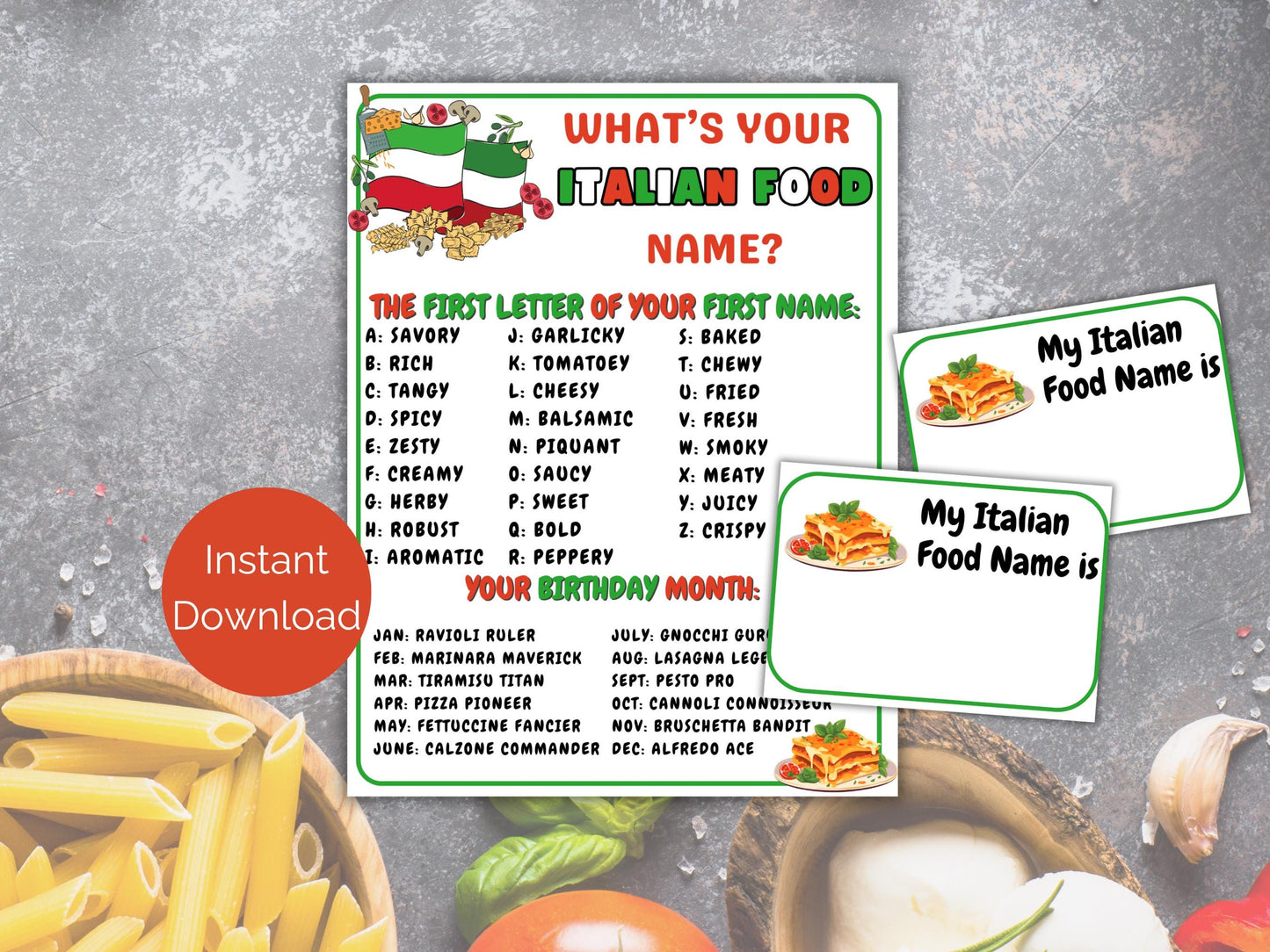 What's Your Italian Food Name Game + Name Tags