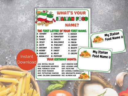 What's Your Italian Food Name Game + Name Tags