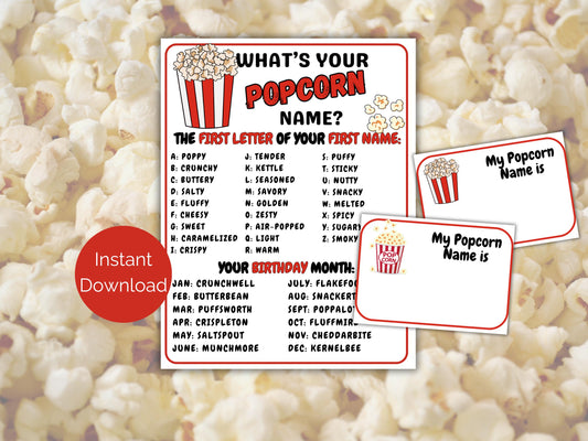 What's Your Popcorn Name Game + Name Tags