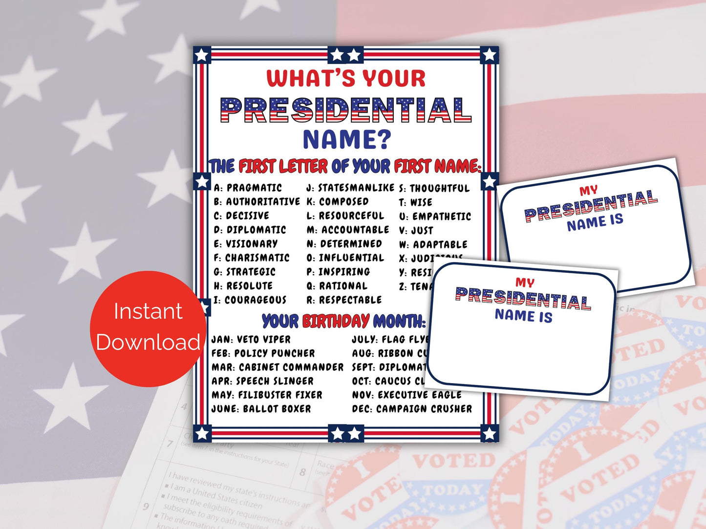 What's Your Presidential Name Game + Name Tags