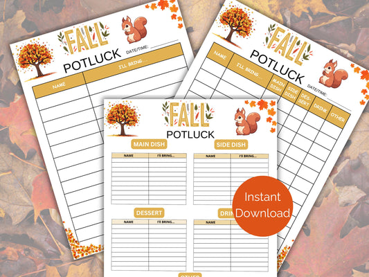 Fall Potluck Sign Up Sheet