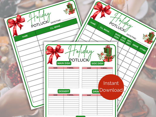 Holiday Potluck Sign Up Sheet