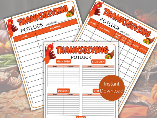 Thanksgiving Potluck Sign Up Sheet