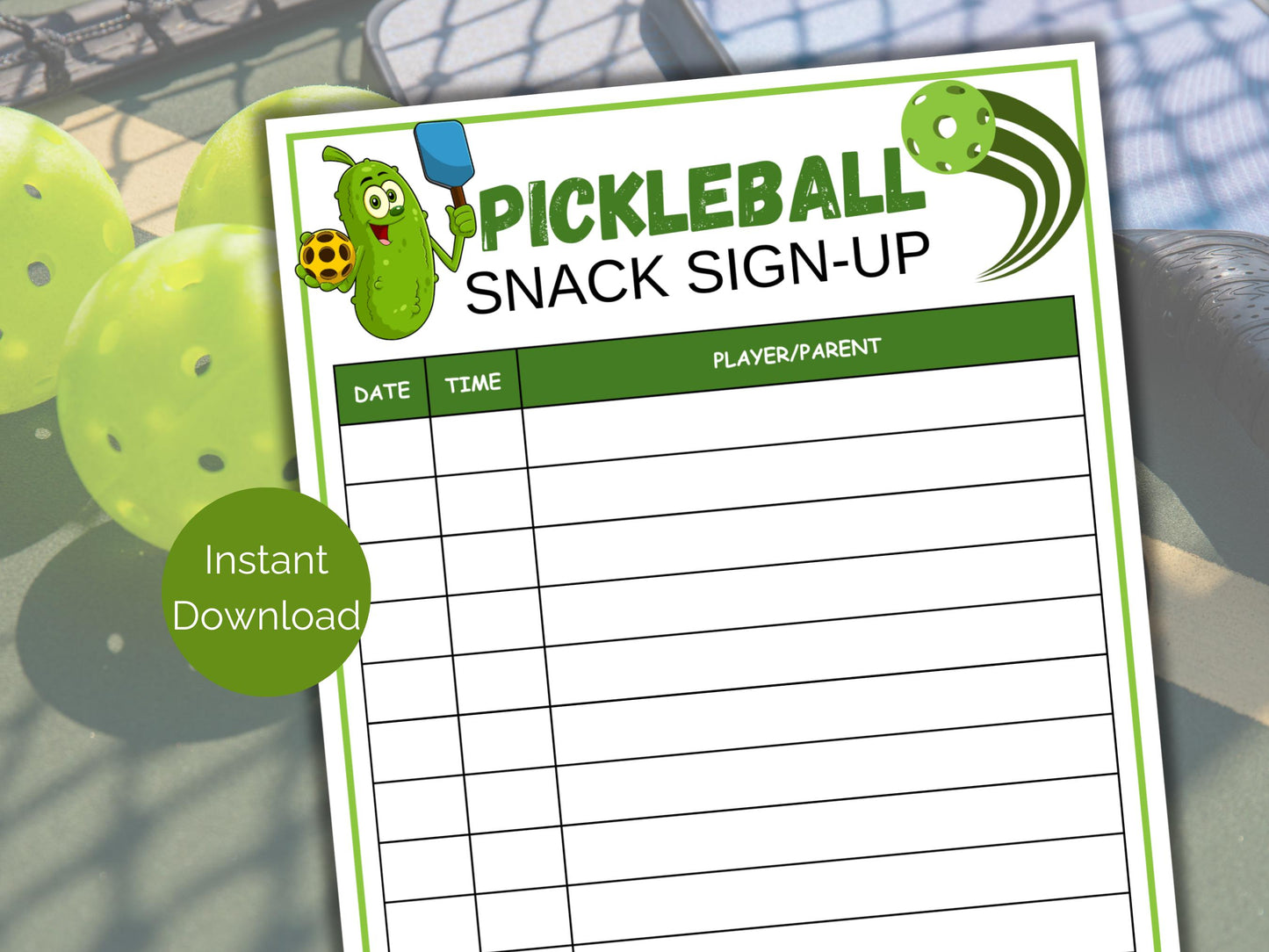 Pickleball Snack Sign Up Sheet