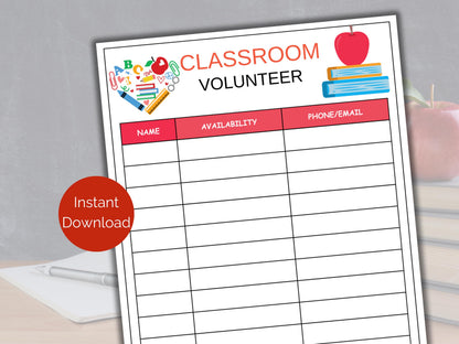 Classroom Volunteer Sign Up Sheet