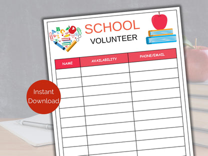School Volunteer Sign Up Sheet
