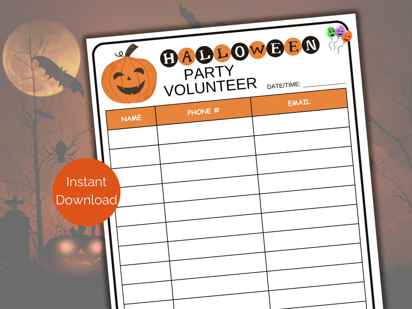 Halloween Party Volunteer Sign Up Sheet