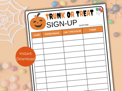 Trunk or Treat Sign Up Sheet