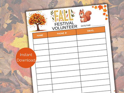 Fall Festival Volunteer Sign Up Sheet
