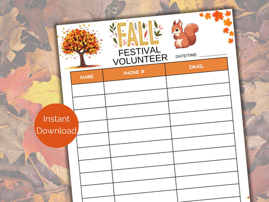 Fall Festival Volunteer Sign Up Sheet