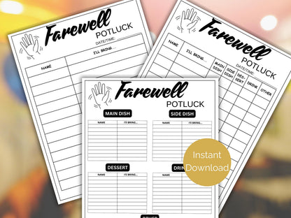 Farewell Potluck Sign Up Sheet