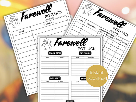 Farewell Potluck Sign Up Sheet