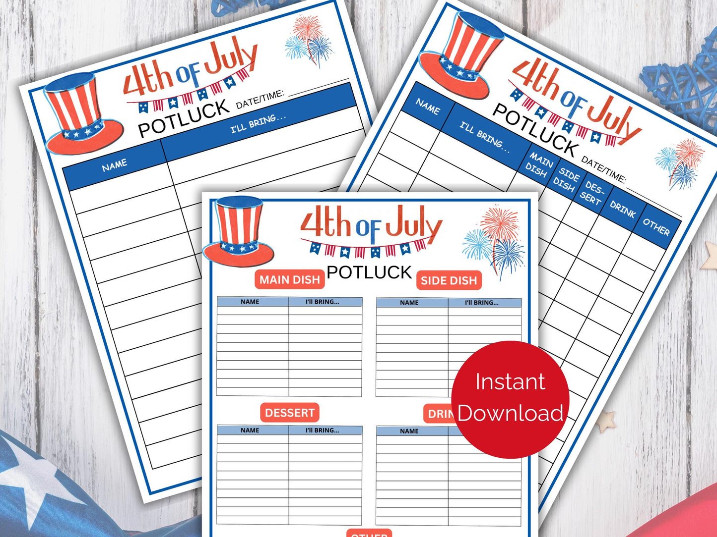 July 4th Potluck Sign Up Sheet
