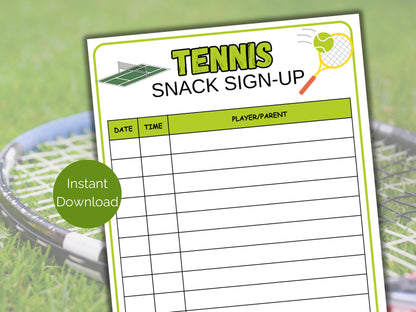 Tennis Snack Sign Up Sheet