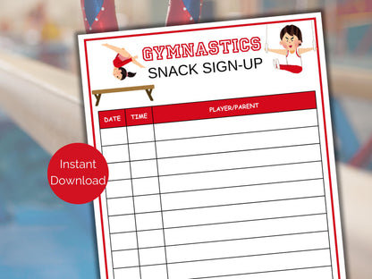 Gymnastics Snack Sign Up Sheet