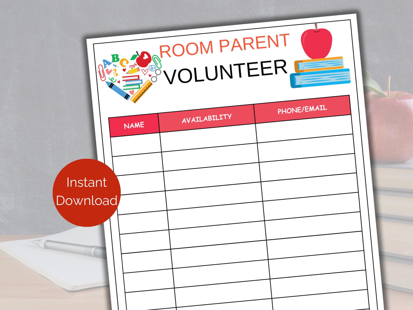 Room Parent Volunteer Sign Up Sheet
