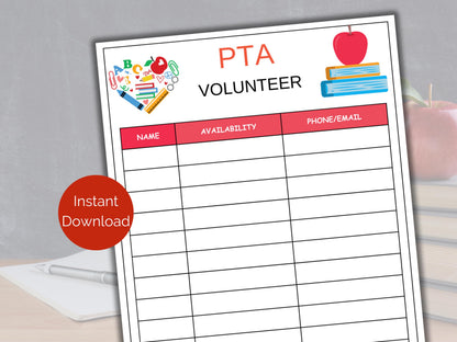 PTA Volunteer Sign Up Sheet
