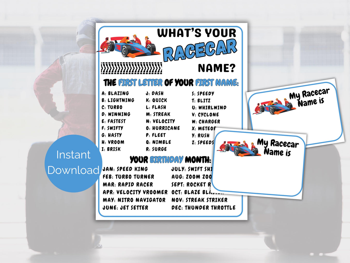 What's Your Race Car Name Game + Name Tags