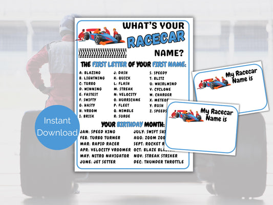What's Your Race Car Name Game + Name Tags