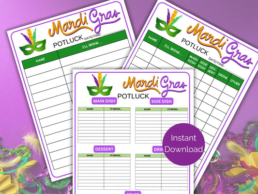 Mardi Gras Potluck Sign Up Sheet