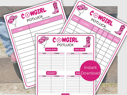 Cowgirl Baby Shower Potluck Sign Up Sheet