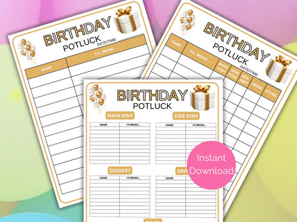 Birthday Potluck Sign Up Sheet