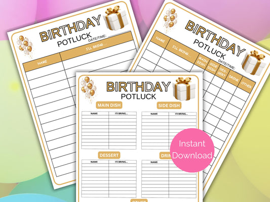 Birthday Potluck Sign Up Sheet