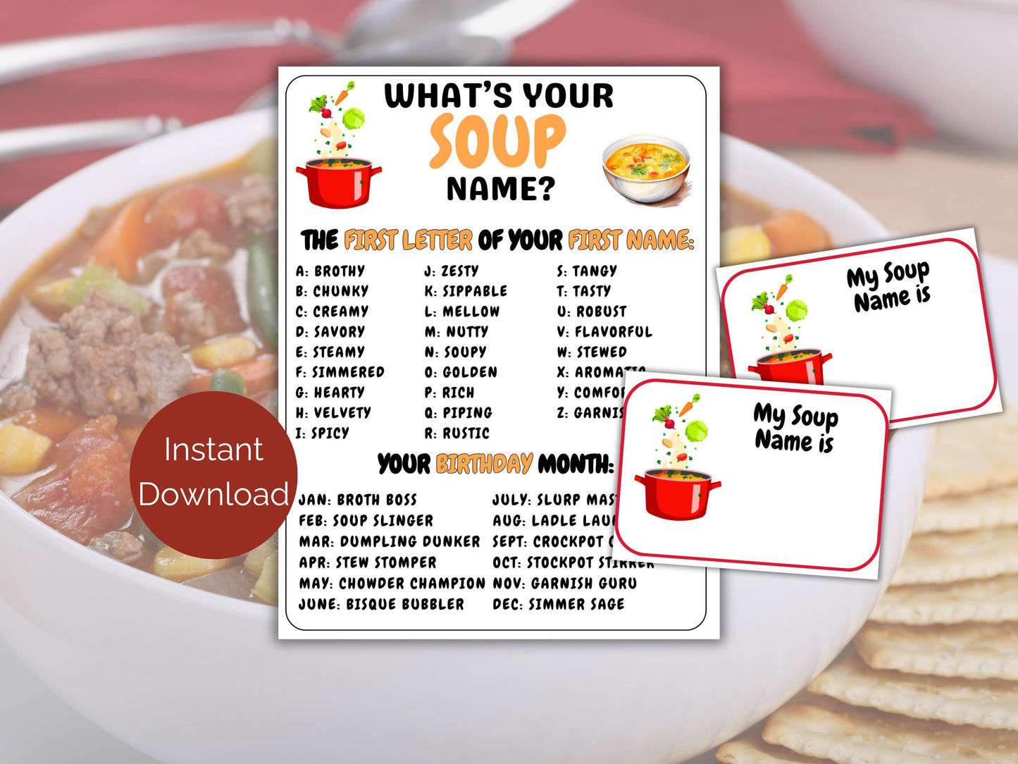 What's Your Soup Name Game + Name Tags