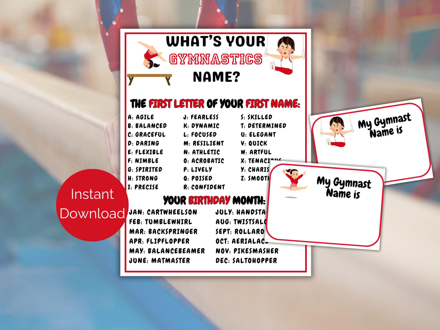 What's Your Gymnast Name Game + Name Tags
