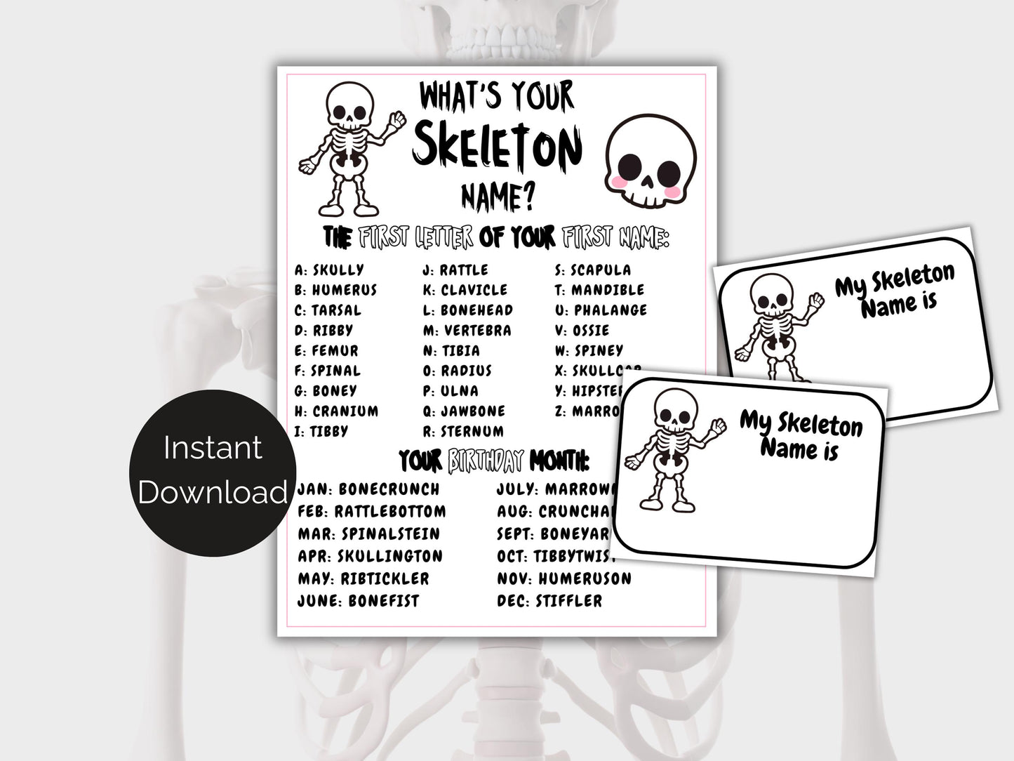 What's Your Skeleton Name Game + Name Tags