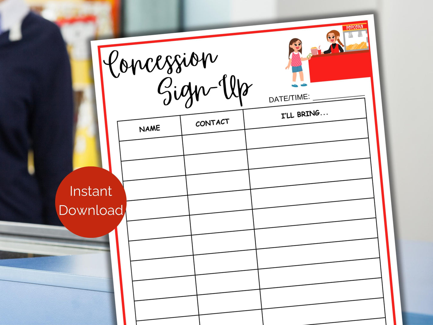 Concession Stand Sign Up Sheet