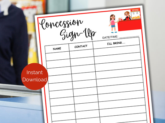 Concession Stand Sign Up Sheet