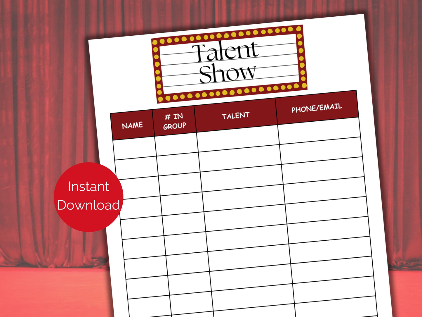Talent Show Sign Up Sheet