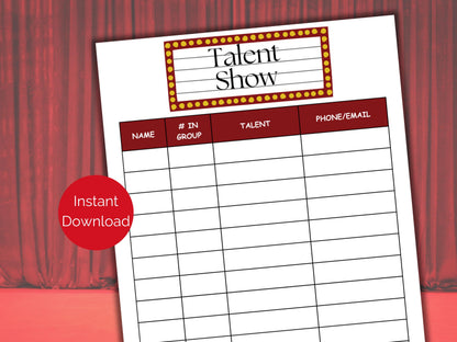Talent Show Sign Up Sheet