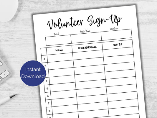 Volunteer Sign Up Sheet