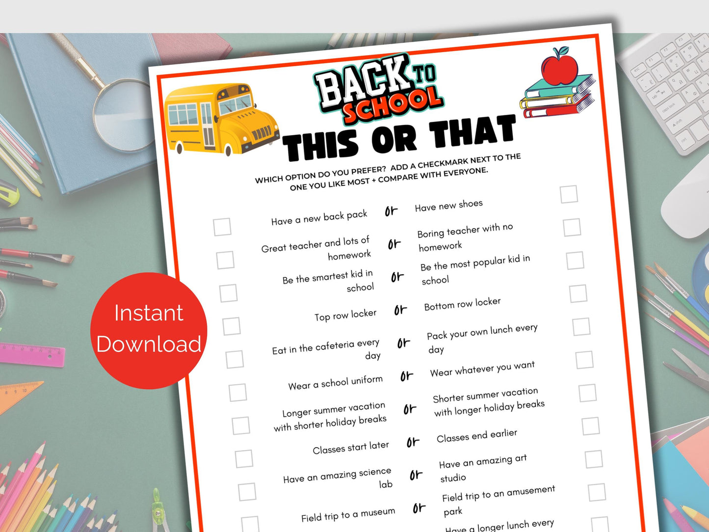 Back to School This or That Game