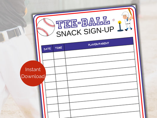 T-ball Snack Sign Up Sheet
