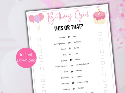 Birthday Girl This or That Game