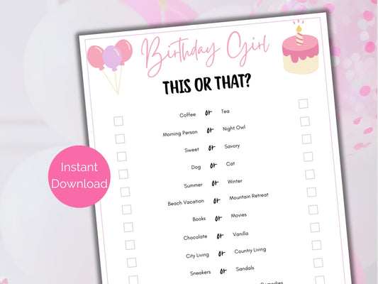 Birthday Girl This or That Game