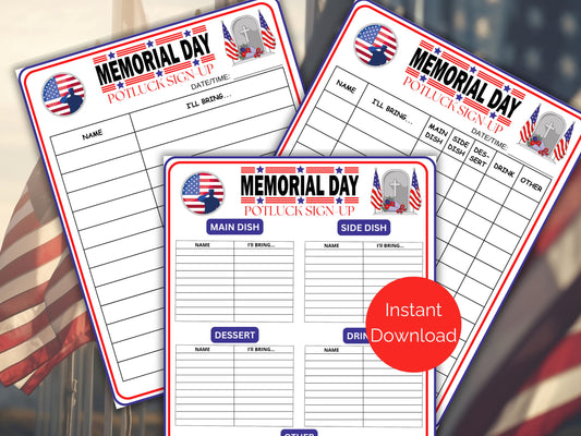Memorial Day Potluck Sign Up Sheet