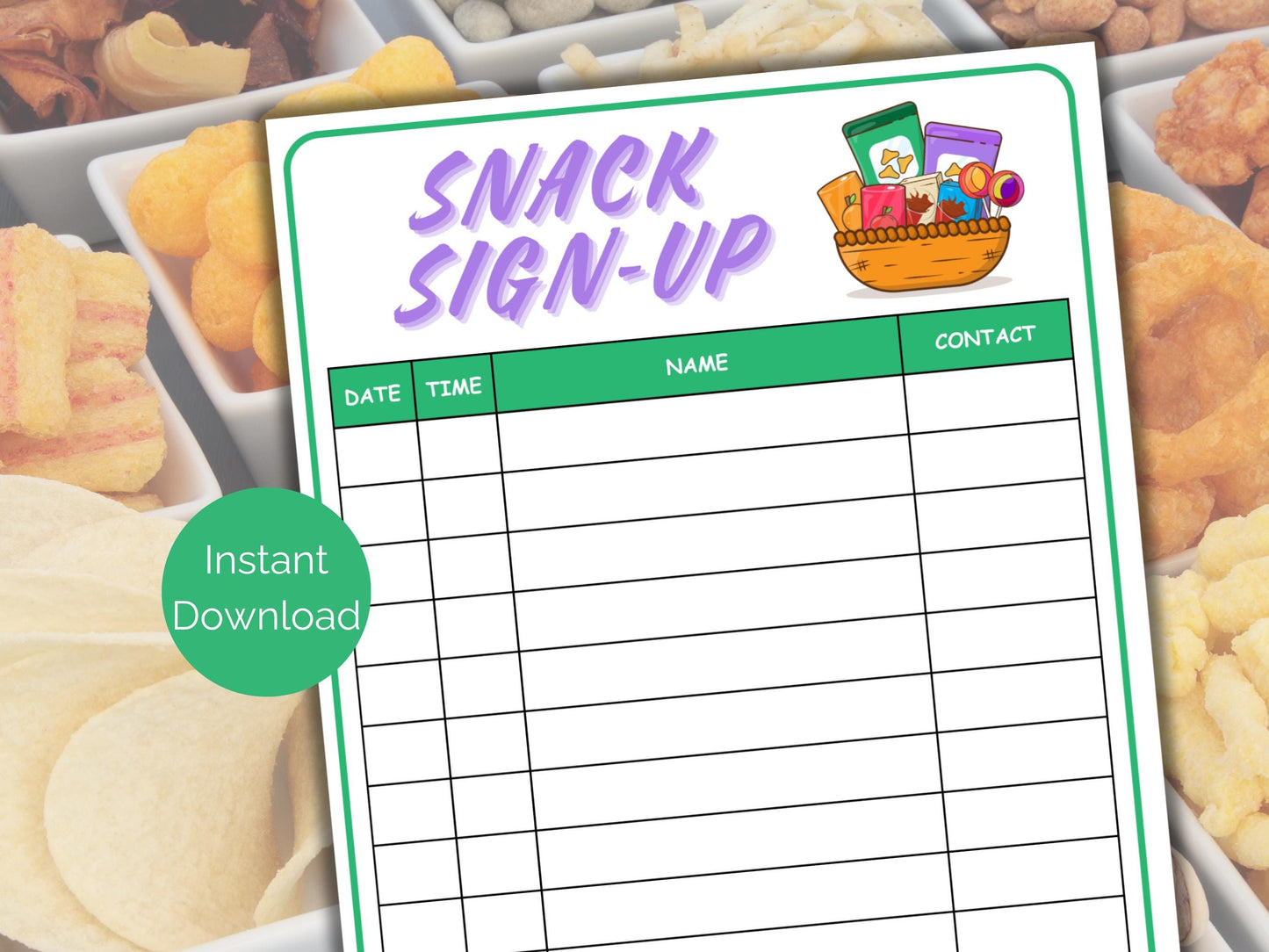 Snack Sign Up Sheet