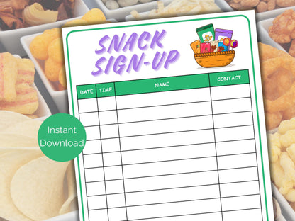 Snack Sign Up Sheet