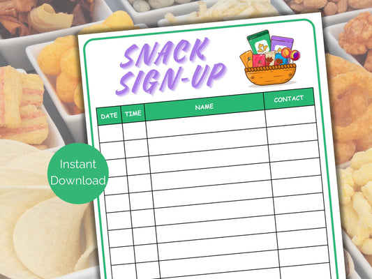 Snack Sign Up Sheet