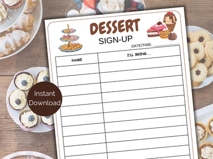 Dessert Sign Up Sheet
