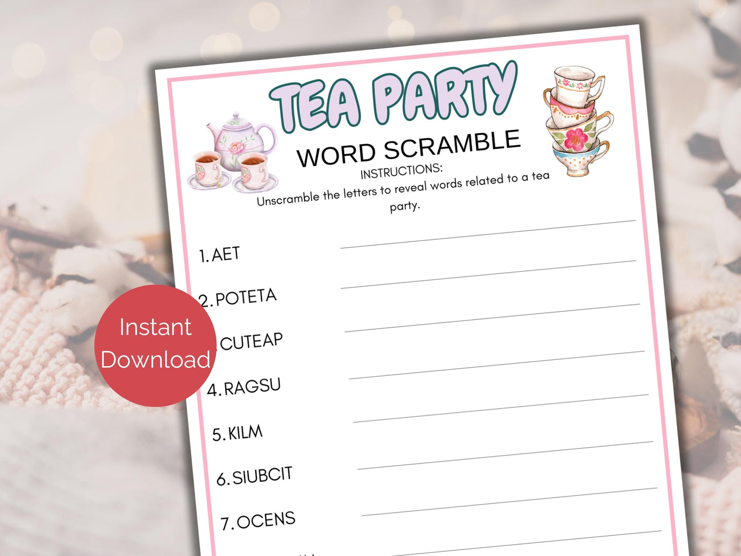 Tea Party Word Scramble Game