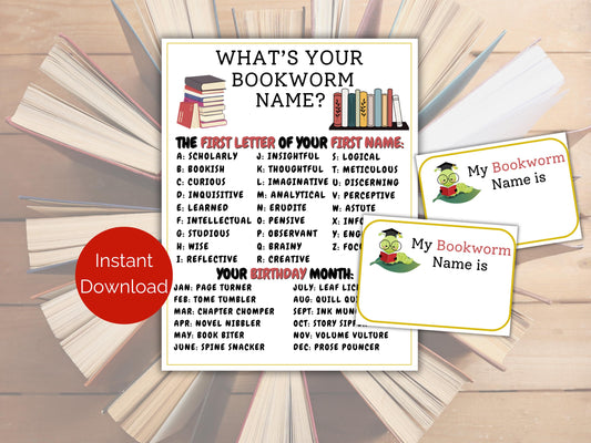 What's Your Bookworm Name Game + Name Tags
