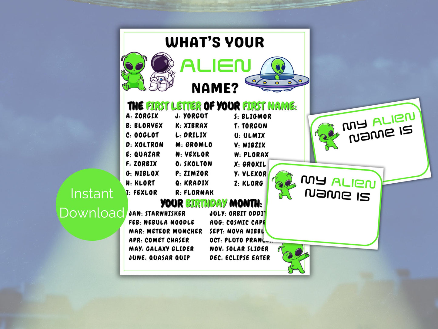 What's Your Alien Name Game + Name Tags
