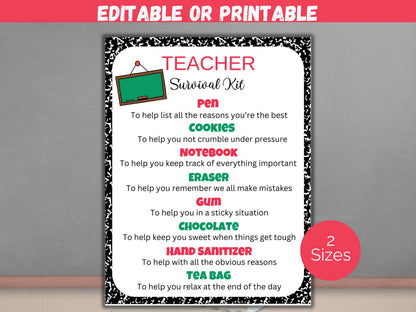 Editable Teacher Survival Kit Gift Tags