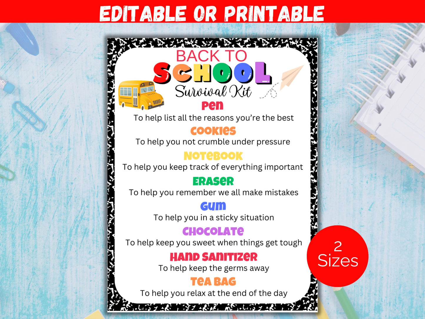 Editable Back to School Survival Kit Gift Tags